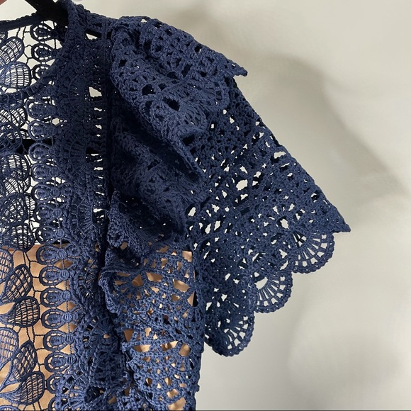 Self Portrait blue navy ruffle guipure mini cocktail dress size 2 - Picture 8 of 14